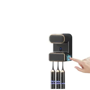 Automatic Toothpaste Dispenser Hands-Free Wall Mount Toothpaste Squeezer with Toothbrush Holder Beige Black Minimalist Design