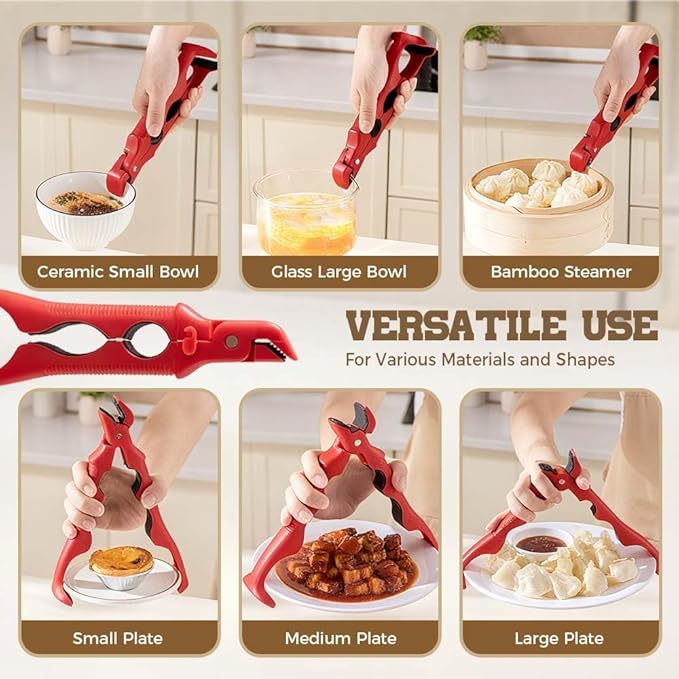3-in-1 Hot Plate Gripper, Multi-Angle Anti-Scald Bowl Holder Clip & Hot Plate Grabber Tool with Lock for Hot Bowl Cozy Holder, Hot Plate Gripper Tongs