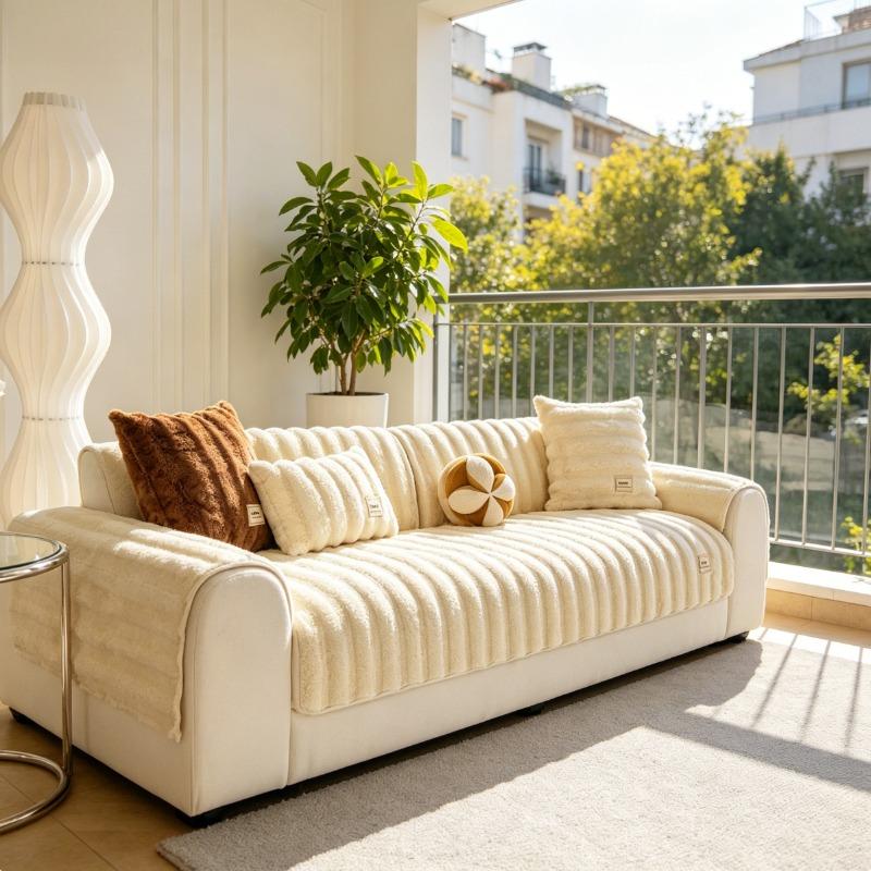 Cream Ribbed Faux Fur Sofa Cover | Ultra-Soft Vertical Striped Throw for Minimalist Homes