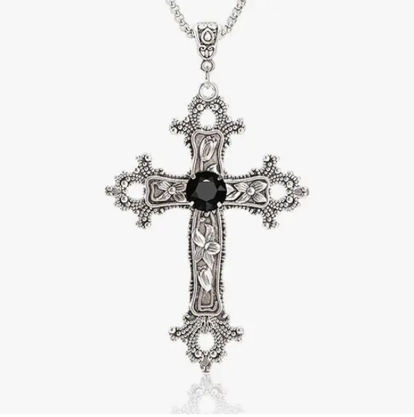 Gothic Cross Necklace Silver-Tone Pendant with Glass Stone, Cross Necklace for Women, Large Goth Silver Cross Necklaces for Man, Big y2k Necklaces