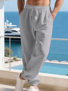 Light Casual Loose Linen Pants, Pure Color Drawstring Waist, Comfortable All-Season Wear, Women's Fashion Bottoms