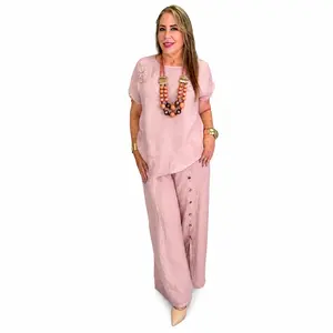 Women's 2-Piece Linen Clothing Set, Blush Pink Pants & Top Coordinated Outfit