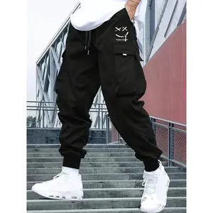 Men'S Casual Cartoon Pattern Polyester Cargo Pants with Multiple Pockets, Regular Fit Drawstring Waist, Non-Stretch Fabric, Woven, for Spring/Fall - Teen Weekend Casual Wear Black Menswear