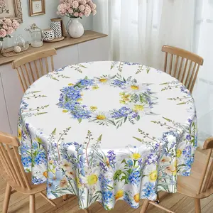Blue Floral Print Round Tablecloth, 2D Flat Polyester, Furniture Protector, Party Decor, Holiday Gift, Hotel Restaurant Home Use