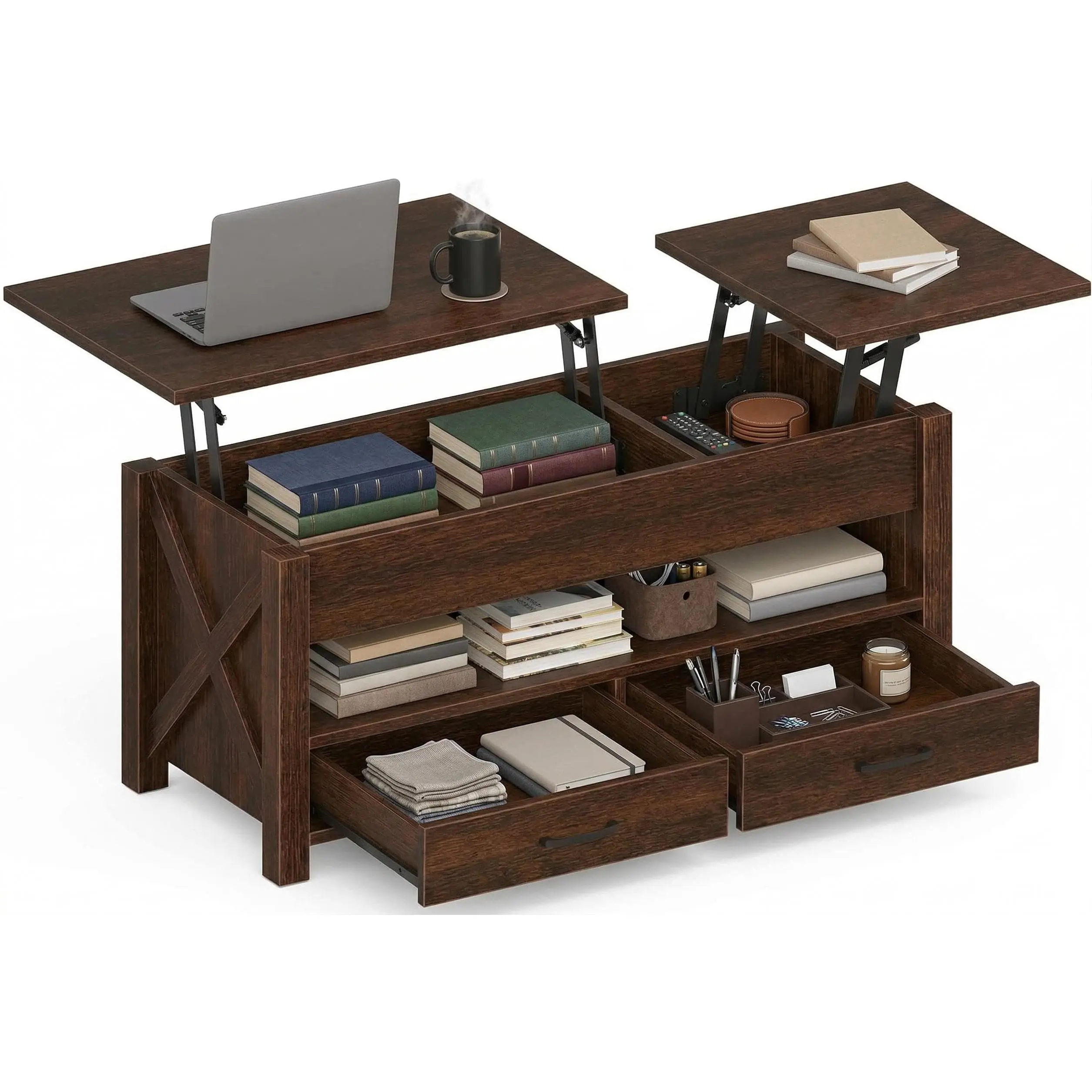 Garvee 47.2" Lift Top Coffee Table with 2 Storage Drawers & Hidden Compartment, Wooden Center Table with Convertible Lift Tabletop for Living Room, Home Office, Farmhouse Side Table - Walnut brown