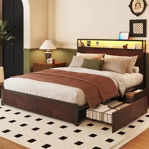 Queen Bed Frame With Headboard Charging Station Storage Drawer, Metal Support Brown Faux Leather Cloud Sectional Sofa Modular Corduroy