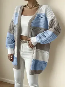 Plus Size Elegant Colorblock Casual Knitwear Knit Cardigan Coat, Stylish Long Sleeve Pullover Sweater for Women, Perfect for Fall & Winter Wear