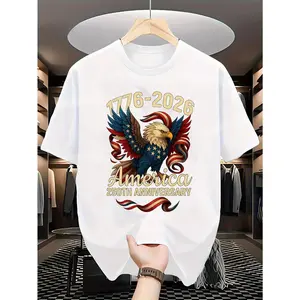 Men's 250th Anniversary Independence Day T-Shirt - 1776-2026. Features a patriotic eagle and American flag design, crew neck, short sleeve, a perfect 250th anniversary gift for July 5th, Independence Day, and American pride apparel.
