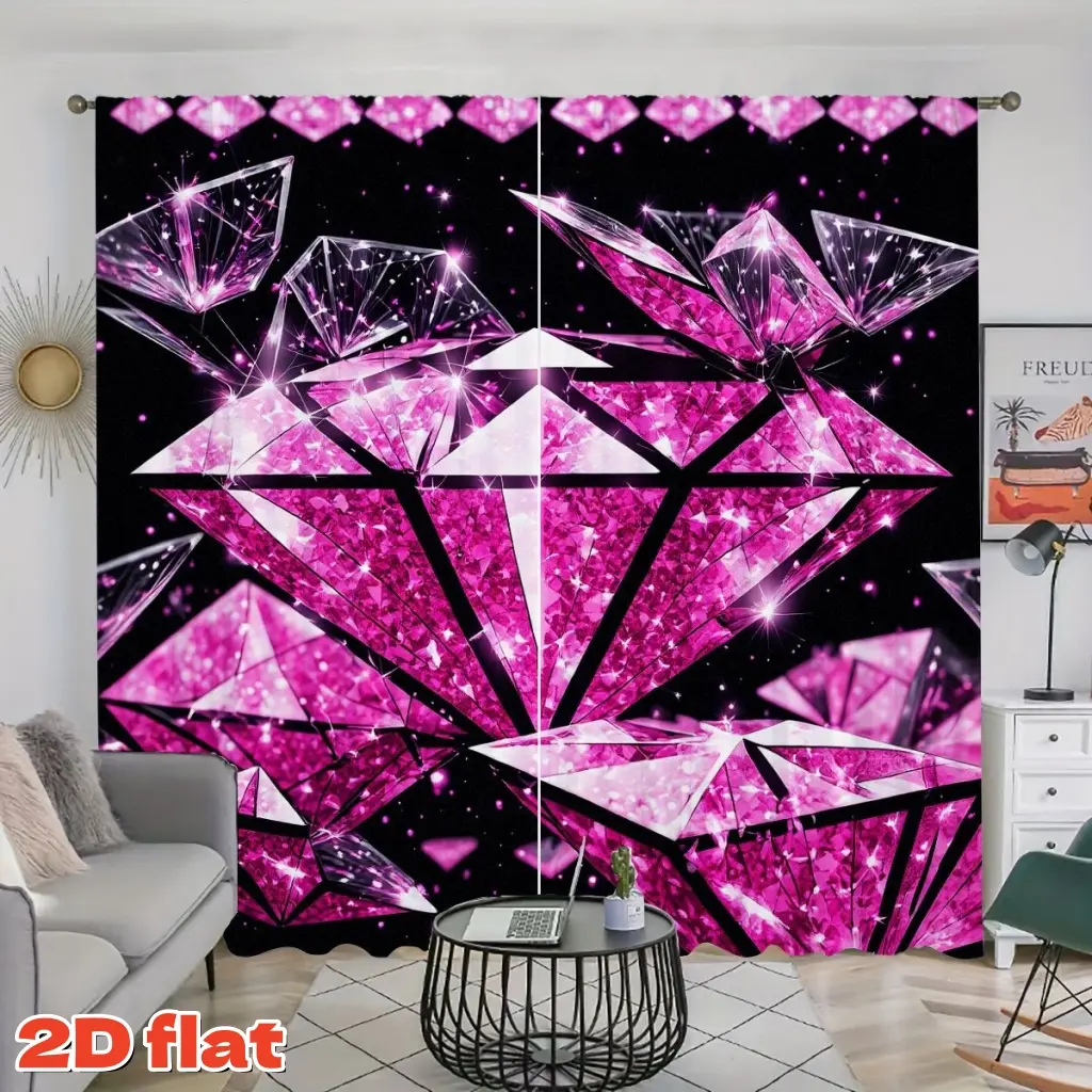 2D Flat 2Pcs Glamorous Glitter Pink Diamond Print Curtains, Sparkling Gemstone Window Drapes, Rod Pocket Style, Semi Sunshade, for Living Room Bedroom Balcony Kitchen Study & Shower Decoration, Valentine's Day Gift Dressing, Anti Priva