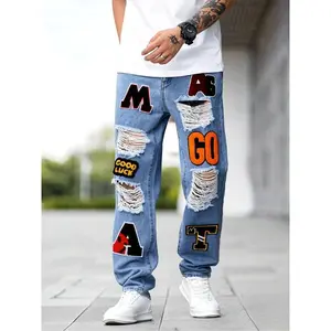 Men's Letter Patched Ripped Jeans, Casual Street Fashion Denim Jeans for Daily Wear, Mens Bottoms for All Seasons