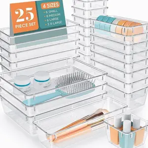 WOWBOX 25 PCS Clear Plastic Drawer Organizer Set, 4 Sizes Desk Drawer Divider Organizers and Storage Bins for Makeup, Jewelry, Gadgets for Kitchen, Bedroom, Bathroom, Office