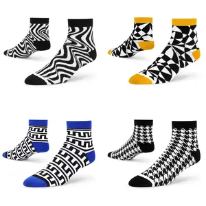 Cotton Ankle Socks 4-Pack: Bold Designs - Mono,Mirage Mayan & Houndstooth