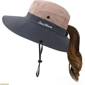 Women's Stylish Wide Brim Sun Hat with Ponytail Hole - Hats for Women, UV Protection, Foldable, Lightweight - Ideal for Beach, Hiking
