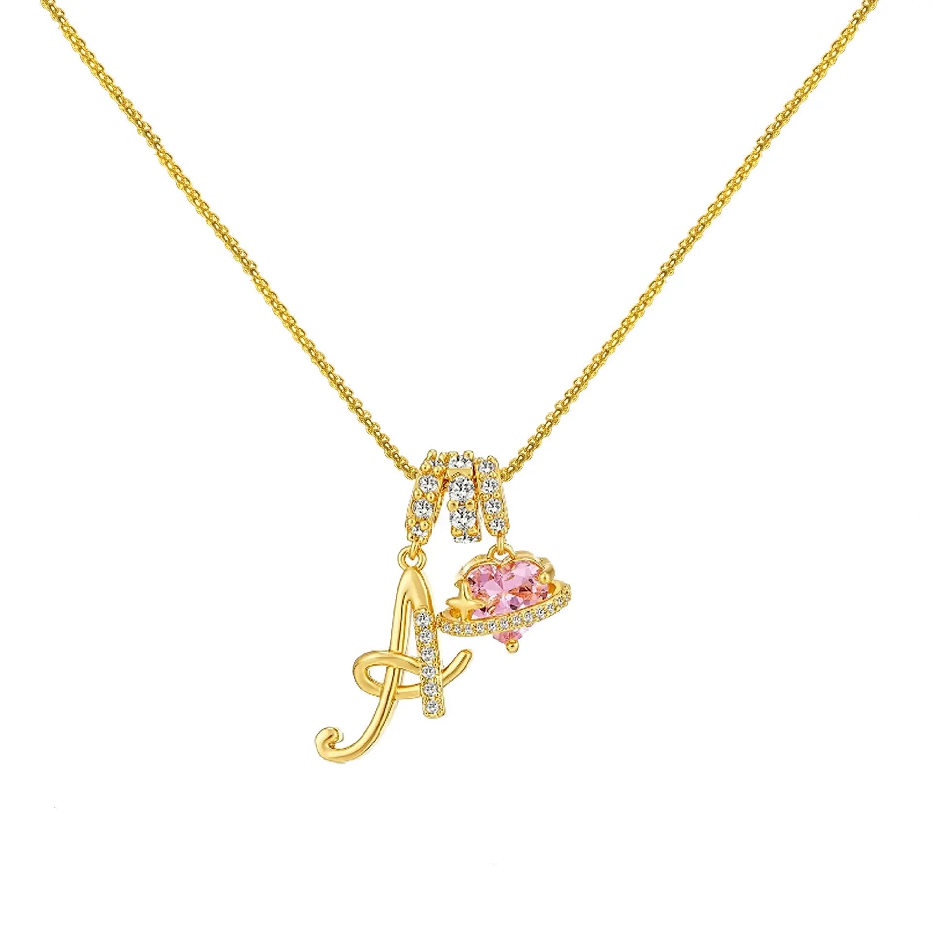 Gold Initial A-Z Necklace with Pink Heart Zircon Pendant for Women Adjustable Snake Chain Choker Personalized Jewelry for Christmas & New Year's Eve 3-layer Gold Design