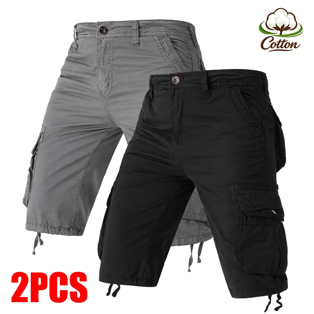 2-Pack Men's Cotton Cargo Shorts Multi Pockets Drawstring Cuffs Relaxed Fit Casual Workwear Summer Outfit