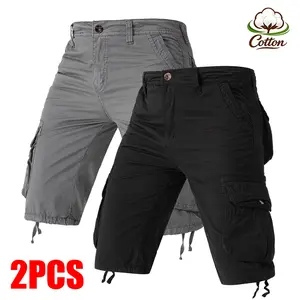 2-Pack Men's Cotton Cargo Shorts Multi Pockets Drawstring Cuffs Relaxed Fit Casual Workwear Summer Outfit