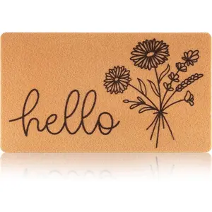 Hello Spring Door Mat for Front Door Welcome Matt Outdoor with Wildflower Bouquet Doormat Indoor Entrance with Flowers, Perfect Home Floral Decor (Brown)