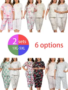 LONAGIRL Women's Plus Size Soft Pajamas Set - 2 Tops & 2 Bottoms Capri/Shorts Comfy Sleepwear Loungewear for Plus-Size Women 1XL-5XL