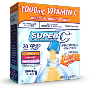 Super C Singles to Go Powder Packets, Water Drink Mix, Variety Pack, Orange, Raspberry & Pink Lemonade, On-The-Go, 30 Count