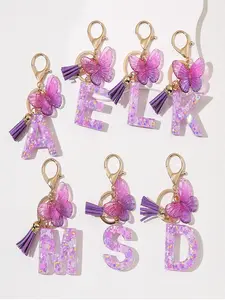 1PC/Creative initial keychain accessories English letters key ring chain Butterfly tassel sequined letter keychain hangers Trendy Cute Keychain For Bags Car bag key chains accessories