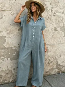 A lady's fashion French lazy-fit jumpsuit with a loose button-up design, featuring slimming wide-leg style. Perfect for summer, suitable for light social occasions, afternoon tea, vacation trips, commuting, and at-home wear.