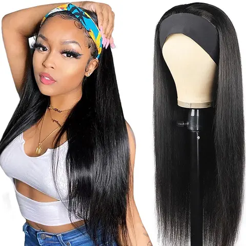 Straight Headband 100% Virgin Human Hair Wig for Black Women, Glueless No Glue No Gel, Beginner-Friendly 2 Min Quick Install, Breathable Heat Resistant Natural Looking Protective Style + Free Random Headband