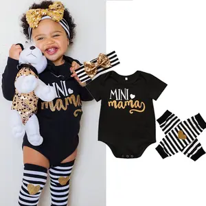 Newborn Infant Baby Girls 3Pcs Clothes Cotton Letter Mini Mama Bodysuit+Legging Warmer +Headband Set 0-24M