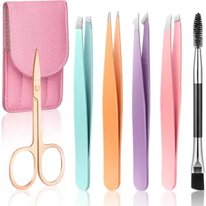 Tweezers Set for Women and Men Facial Hair, Precision Tweezer for Eyebrows with Curved Scissor and Eyebrow brush for Ingrown Hair with Leather Travel Case (Multi-colored)