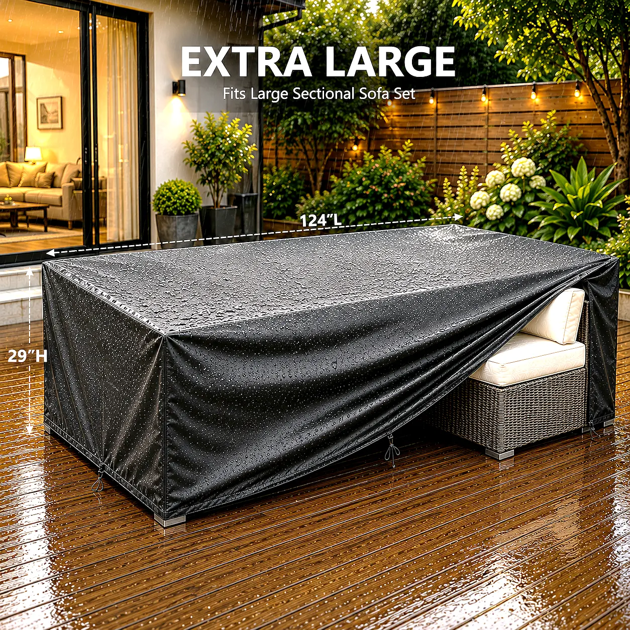 Waterproof Patio Furniture Covers, Outdoor Furniture Covers, 600D Heavy Duty Oxford Patio Table Cover with Air Vents， Windproof Straps, Anti-UV, Rip-Resistant for Outdoor Table, Chair, Sofa, Desk 124"x63"x29"