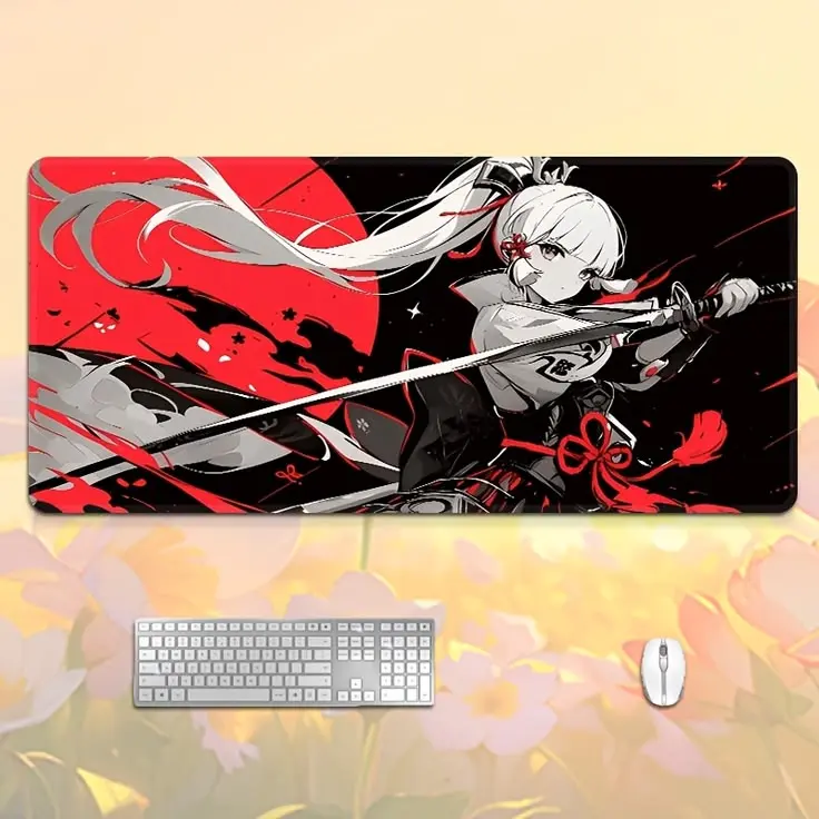Anime Samurai Mouse Pad – Red & Black Japanese Warrior Desk Mat, Japanese Samurai Anime Mouse Pad – Red Black Gaming Desk Mat