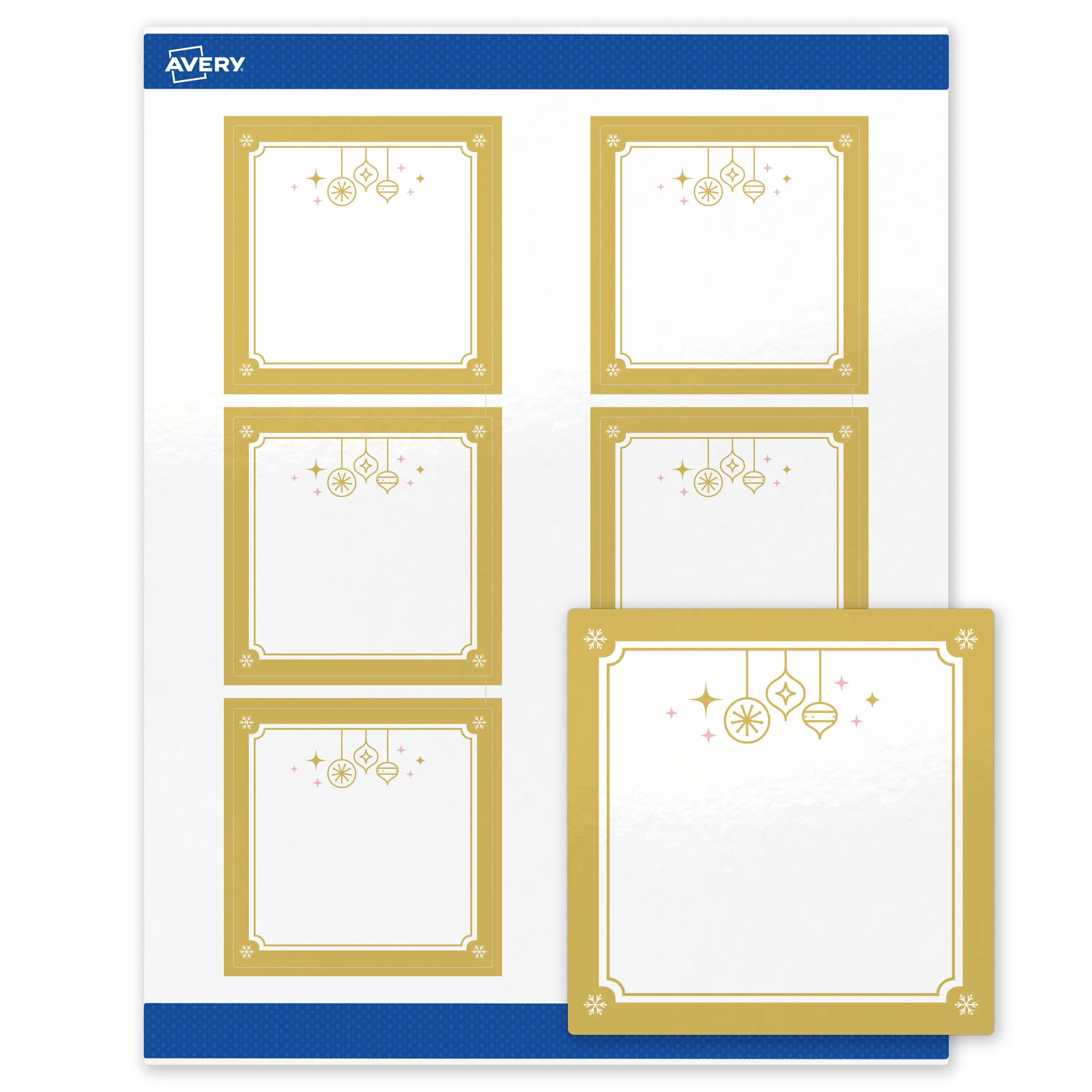 Avery® Printable Christmas Labels with Sure Feed® Technology, Square, 3" x 3", Pre-Printed Metallic Gold Hanging Ornaments Design, Glossy White, Laser & Inkjet Compatible, 60 Total