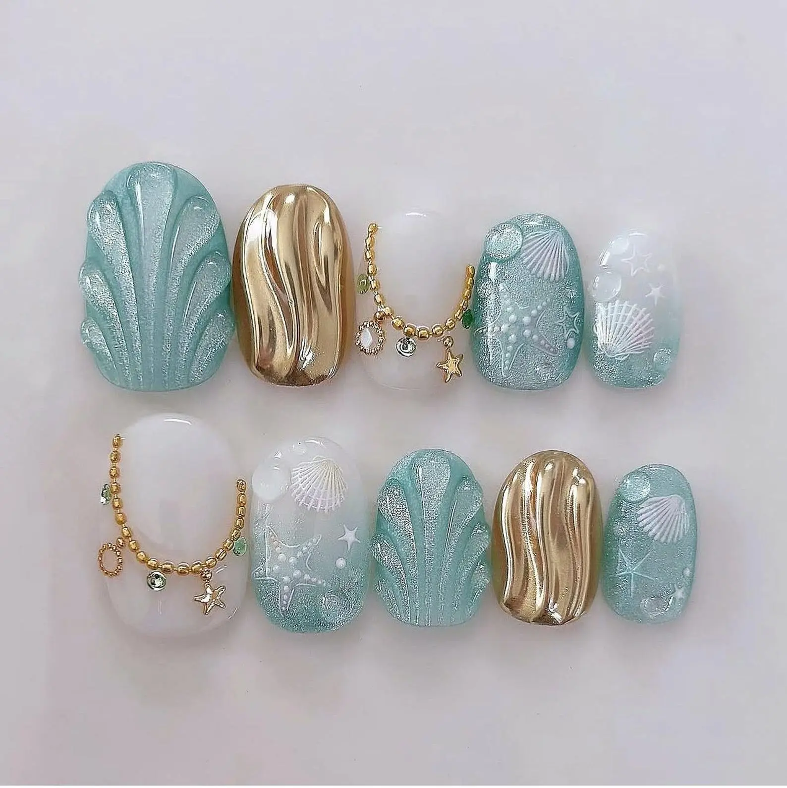 Ocean Press On Nails | 3D Seashell | Coastal Summer Nail Set