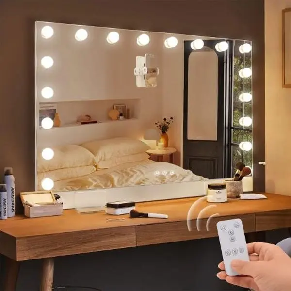 31.5"x22.8" Selfie Remote Control Vanity Mirror with Lights, 0.6" Ultrathin Large Hollywood Vanity Mirror 18 LED Bulbs Magnet Phone Holder Tabletop Makeup Mirror Wall Mount