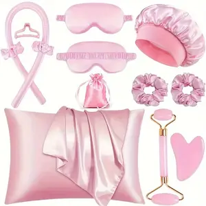12pcs Sleep Hairstyling Tool Set, Curling Iron Set, Facial Massager, Hairband, Soft Sleep Mask, And Satin Sleep Cap For Hairstyling And Light Beige Queen Set, Satin Storage Bag, Women'S Facial Roller