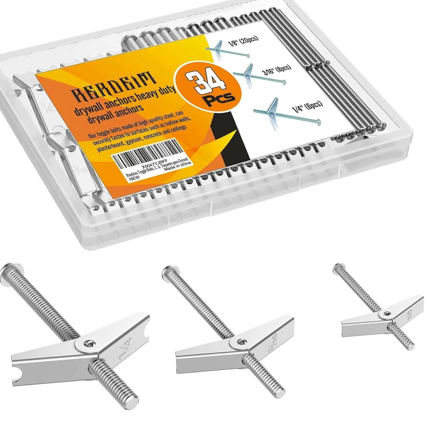 [Pack of 34 Sets] Galvanized Steel Heavy-Duty Toggle Bolts & Wall Anchors - 1/4" Butterfly Anchors (6 Pcs), 3/16", 1/8" Rust-Resistant Butterfly Bolts with Screws for Hollow Walls, Sheetrock