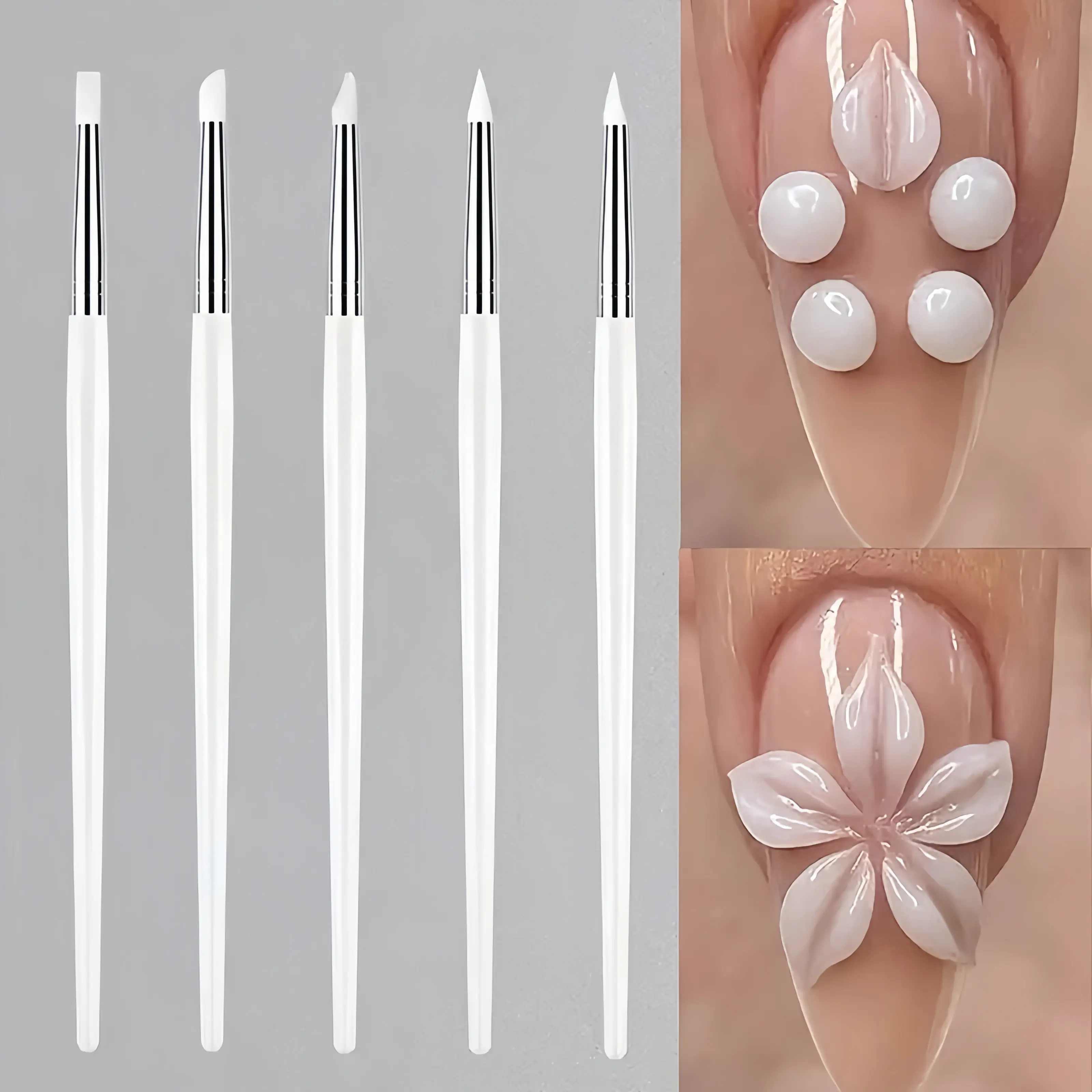 5-Piece Nail Art Brush Pen Set, Silicone Press Pen, For Acrylic Flower Nail Trimming, Carving, Embossing, Sculpting, Dotting Manicure Tool Set