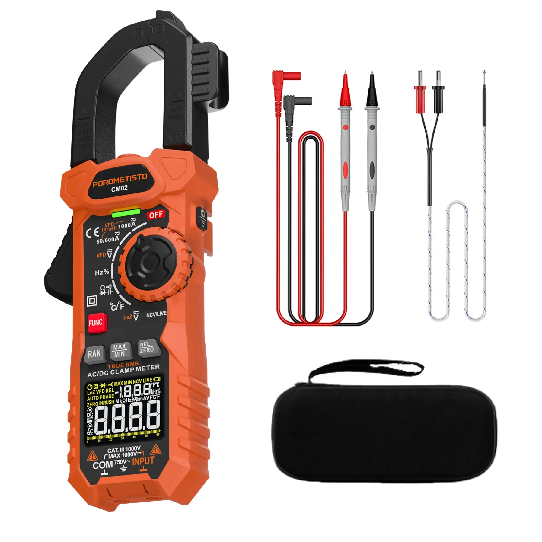 POROMETISTO-CM02 6000 Counts Auto-Ranging Digital Clamp Multimeter - True RMS Voltage Monitor, Non-Contact Detection, AC/DC Current, Resistance, Capacitance, Diode, Temperature, Continuity, Hz, Live Wire Check, Automotive Circuit Tester