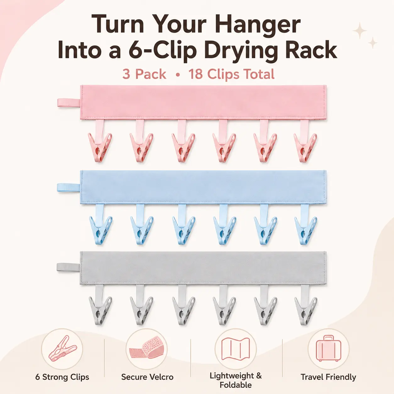 Home Organizer Wrap-On Laundry Clip Bands - 3-Piece Set with 18 Total Clips, Space-Saver Compact Hangers for Socks, Baby Cloth Set, Travelers, Small Spaces