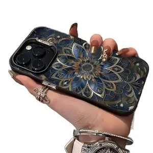 Aesthetic Vintage Mandala Floral iPhone Case for iPhone 17 16 Pro Max 15 14, Retro Boho Shockproof Protective Cover, Luxury Gold Foil Phone Case