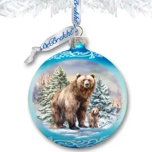 Designocracy 73382 3x3.5 in. Satin-Painted Christmas Grizzly Bears Ball Glass Ornament, Wildlife Festive Home Decoration for All Seasons
