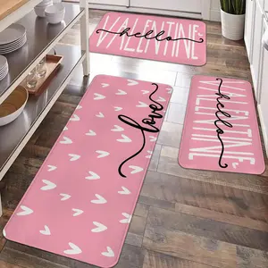 2/3pcs Valentine's Day Kitchen Carpet Set, Kitchen Rugs Sets, with pink base and white heart pattern floor mat, soft non-slip kitchen carpet mat, suitable for kitchen, bedroom entrances, etc