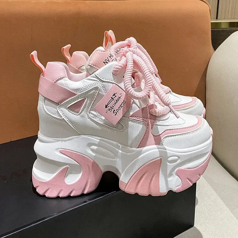 Women Walking Sneakers 2025 Lace-up Platform Chunky Shoes Breathable Leather Shoes 10CM Wedge Heels Casual Shoes