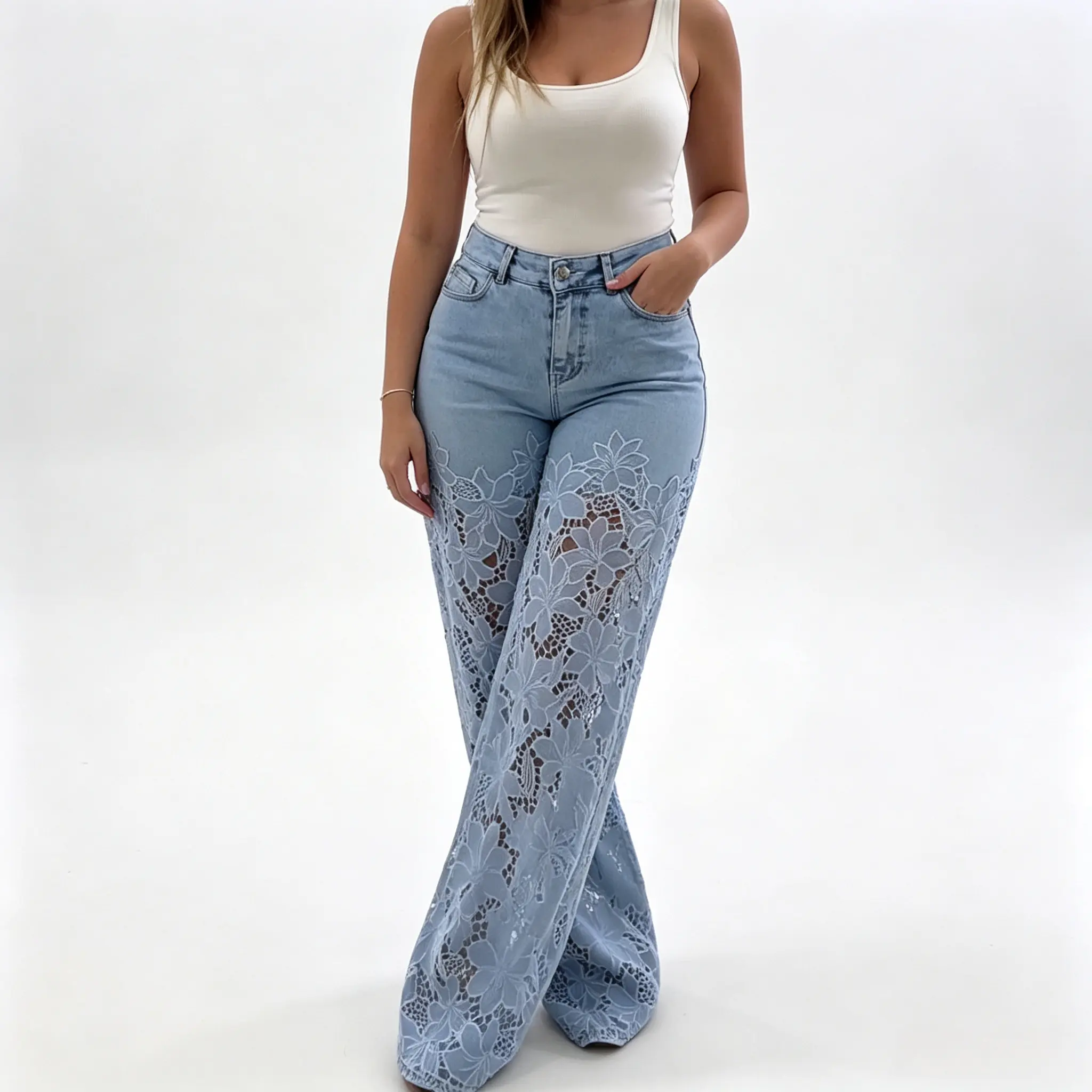 Women's High Waist Floral Lace Patchwork Wide Leg Jeans - Hollow-Out Crochet Denim Bottoms with Pocket, Zipper, Loose Fit for Traditional Blouse Pairing, Club, Street Daily Outfits