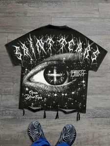 Y2K style perforated loose short sleeved Unisex T-shirt with eye print for both men and women, Streetwear, street fashion American retro summer black shirt