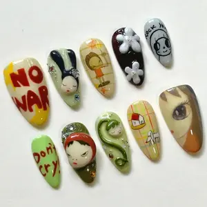 S119 Retro Doodle Press-On Nails, 3D Hand-Painted Faces & Letters, Artistic Storybook Look, Custom Press-On Nail, Solana Nails Town