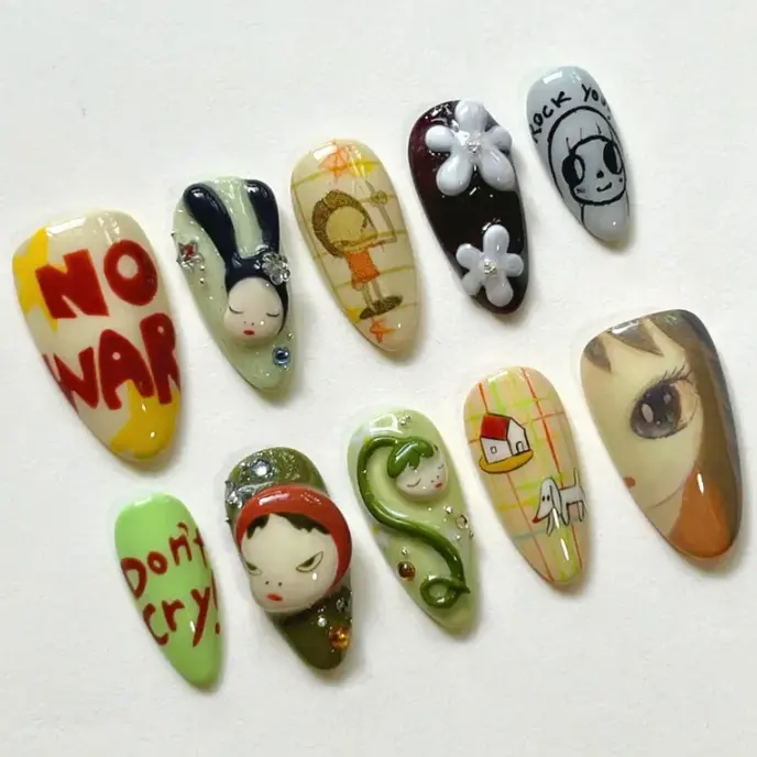 S119 Retro Doodle Press-On Nails, 3D Hand-Painted Faces & Letters, Artistic Storybook Look, Custom Press-On Nail, Solana Nails Town