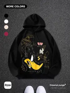 Classic Looney Tunes Doodle Graphic Print Hoodie, Loose Fit Casual Sweatshirt, Breathable for Outdoor Sports, Home Wear, Daily Use