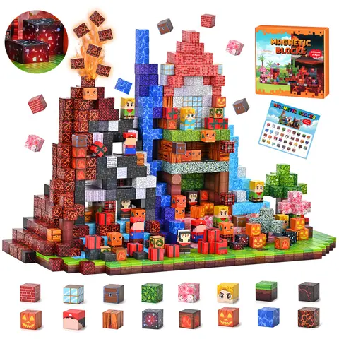 200 PCS Light-Up Magnetic Building Blocks Kit with Figures, Open-Ended Play World Scenes Set, Spatial Awareness Booster for Kids 3-10 Years, Travel Stacking Toy, Easter & Birthday Gift