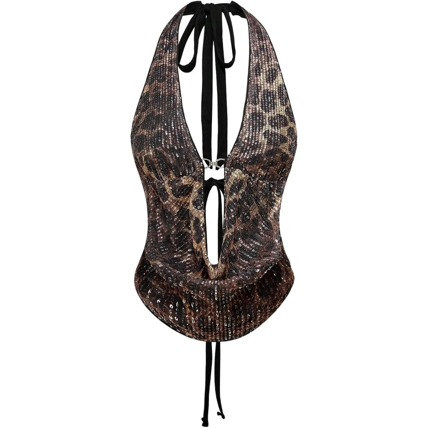 Women's Cheetah Print Sequin Top Y2K Tie Back Corset Halter Sleeveless Crop Top for Summer Fashion Valentine's Day Gift