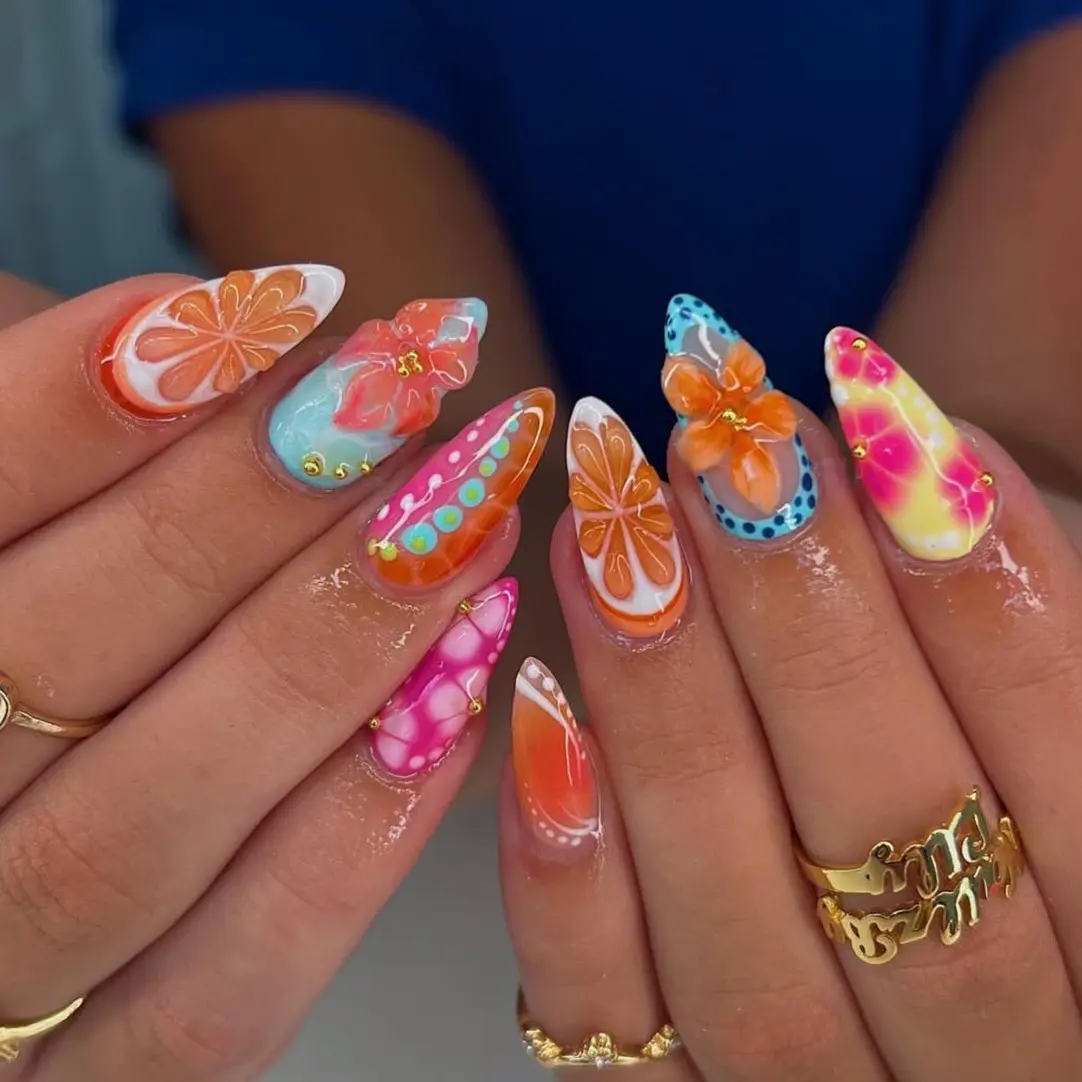 Colorful Paradise Press On Nails | 3D Hibiscus & Citrus Nail Art | Handmade Vacation Press Ons | Unique Festival Nail Set
